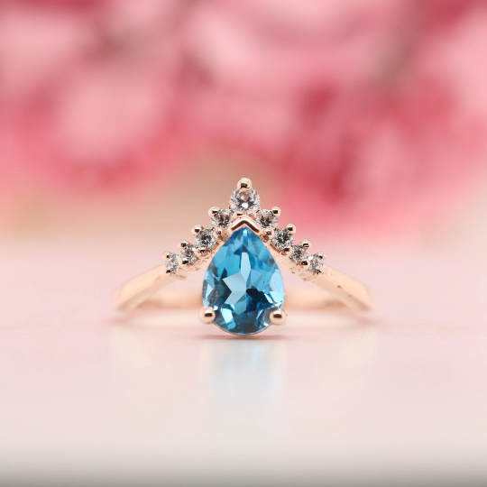 Pear Shape 8 MM Blue Aquamarine Gemstone Wedding Ring - JayKrishna Diamond