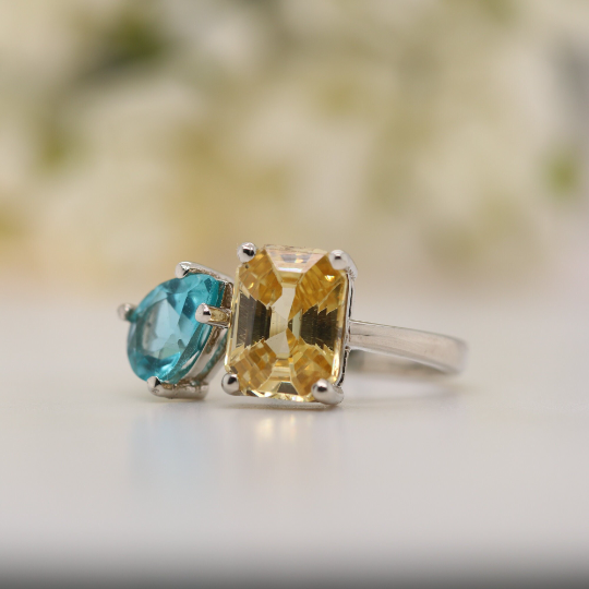 Toi Et Moi Pear And Emerald Cut Beautiful Gemstone Ring - JayKrishna Diamond