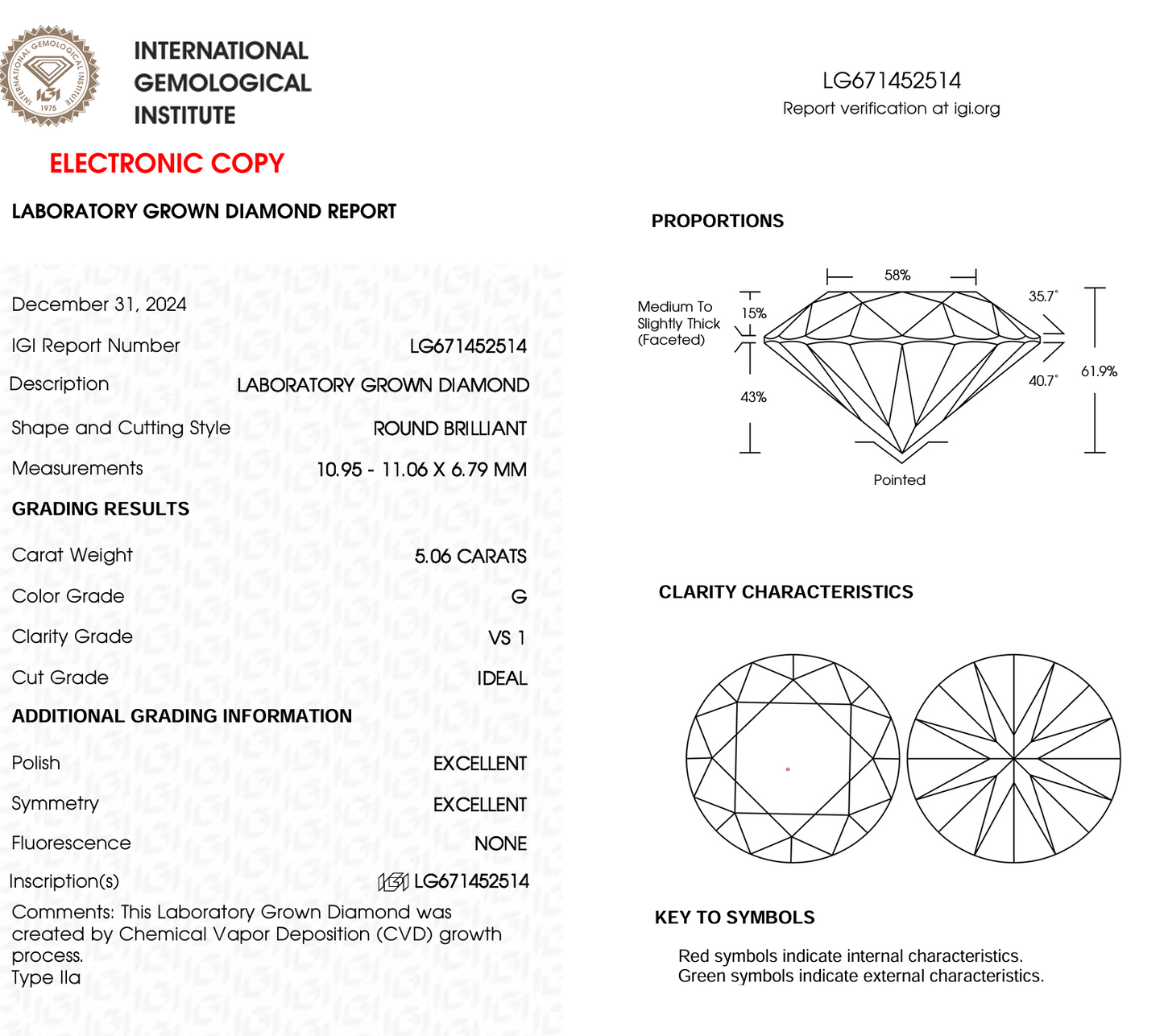 5 Ct Round Cut Lab Grown Diamond IGI Certification