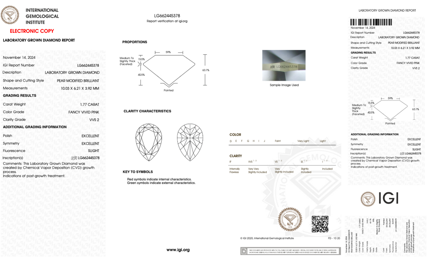 1.77 Carat Pear Shape Fancy Vivid Pink Lab Grown Diamond, VVS2 Clarity, IGI Certified