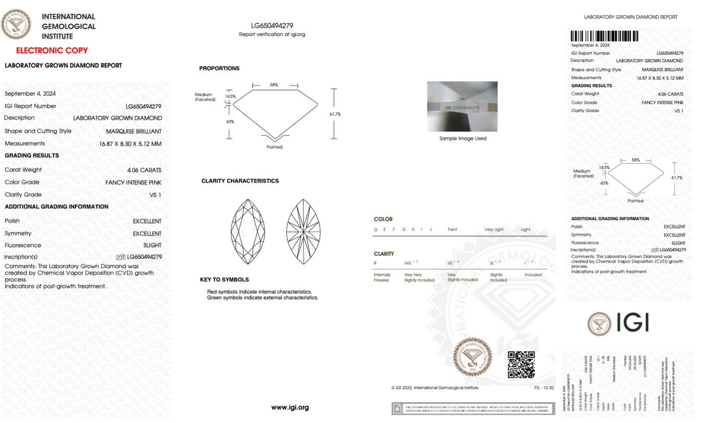 4.06 Carat Marquise Cut Fancy Pink IGI Certified Lab Grown Diamond, VS1 Clarity