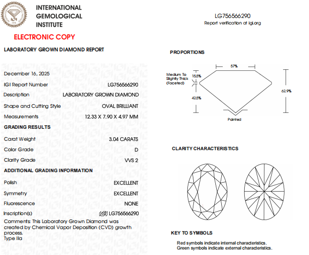 3 Carat Oval Shape Lab Created Diamond | D-VVS2, IGI Certified