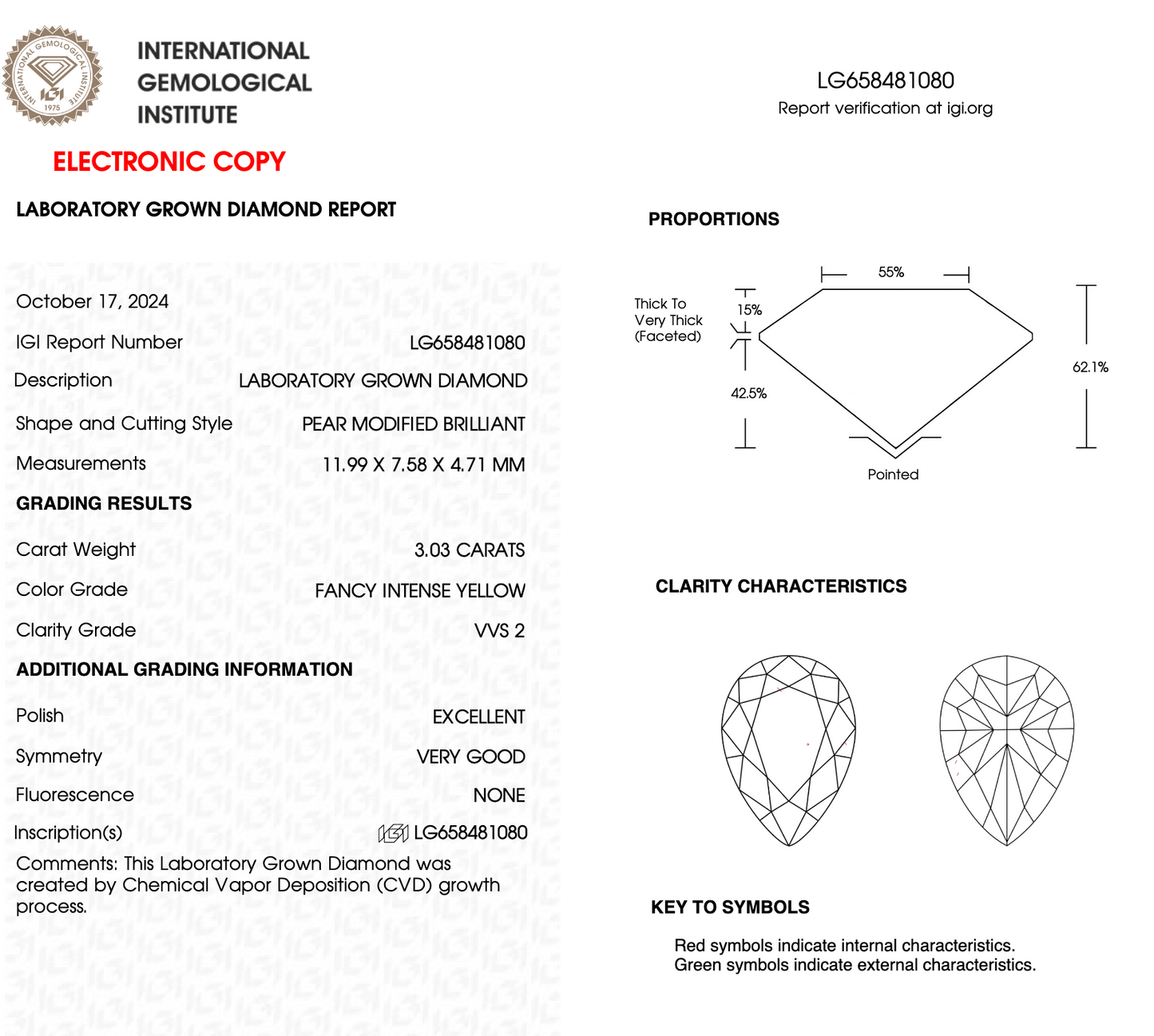 3.03ct Pear Shaped Fancy Yellow Lab Diamond IGI VVS2