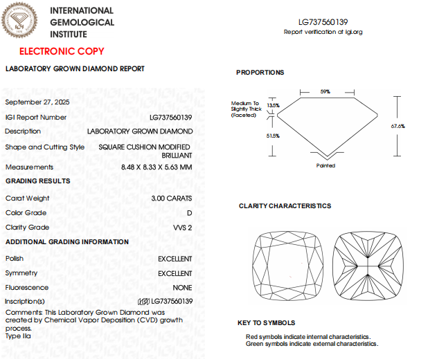 3 Carat Cushion Cut Lab Created Diamond For Engagement Ring | D Color, VVS2 Clarity