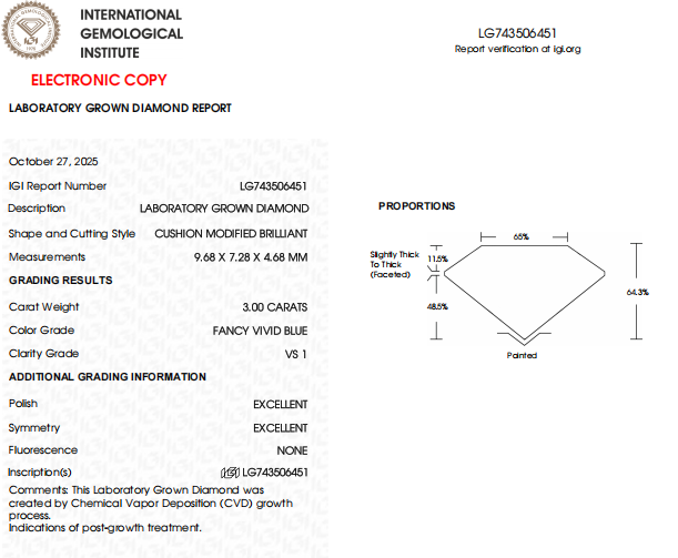 3 CT Fancy Blue Cushion Cut Lab Grown Diamond VS1 Clarity | IGI Certified