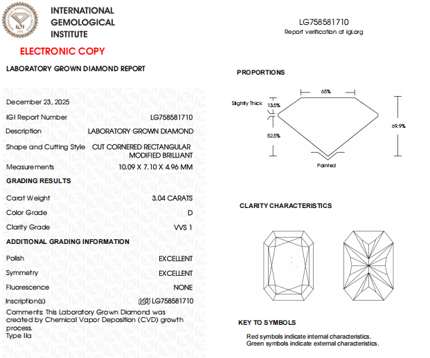 3 CT D-VVS1 Radiant Lab Grown Ecofriendly Diamond | IGI Certified