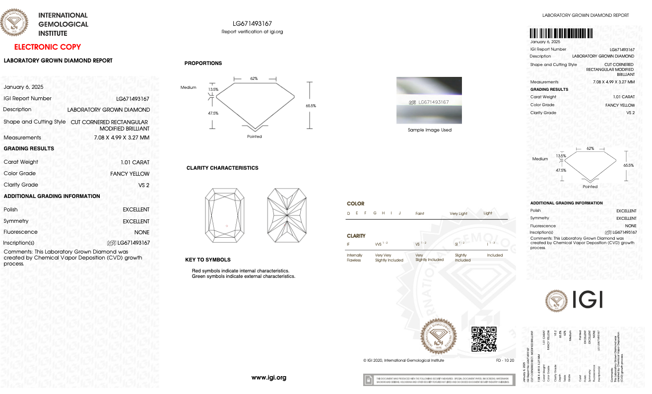 1.01 CT Emerald Cut Fancy Color Lab Grown CVD Diamond VVS2 IGI Certified | Lab Created Diamond for Rings