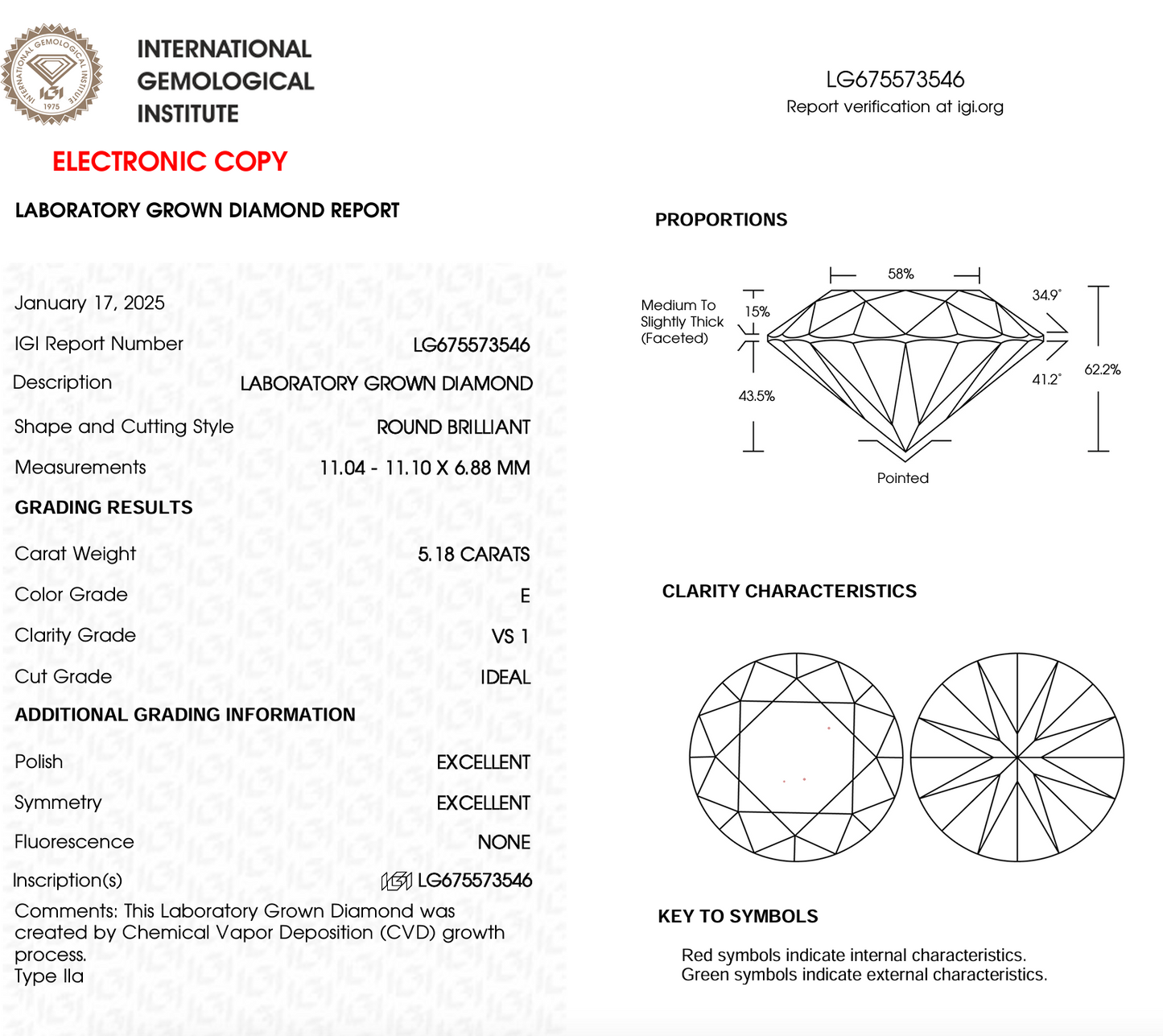 5.18ct Round Cut Lab Grown Diamond IGI Certified