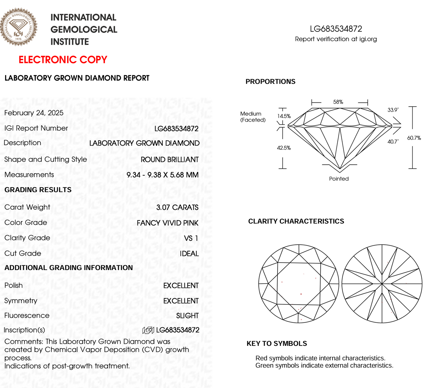 3.07ct Round Fancy Pink Lab Diamond IGI VS1 Eco-Friendly Gem