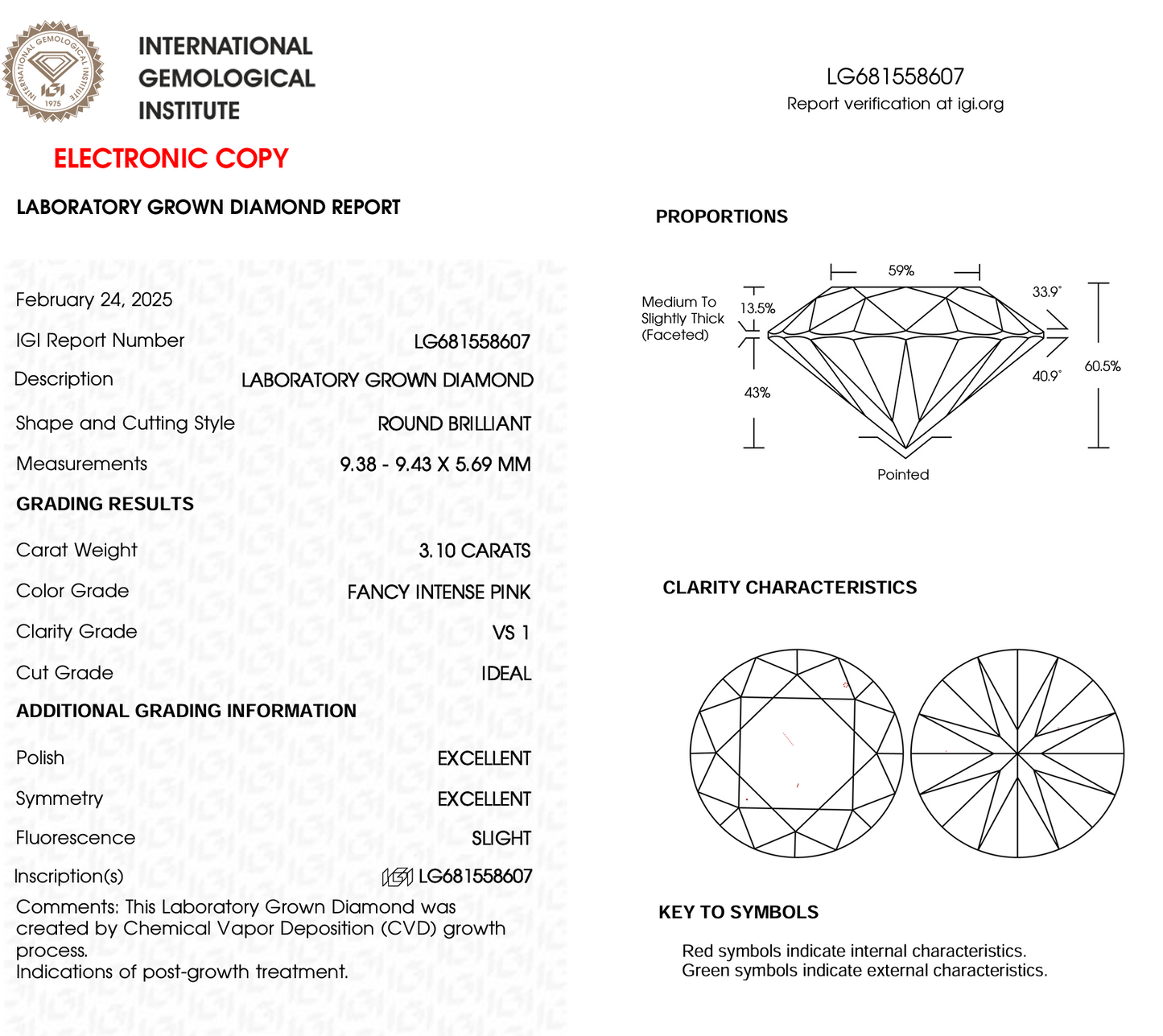 3.10ct Round Fancy Pink Lab Diamond IGI VS1 Ethical Gemstone