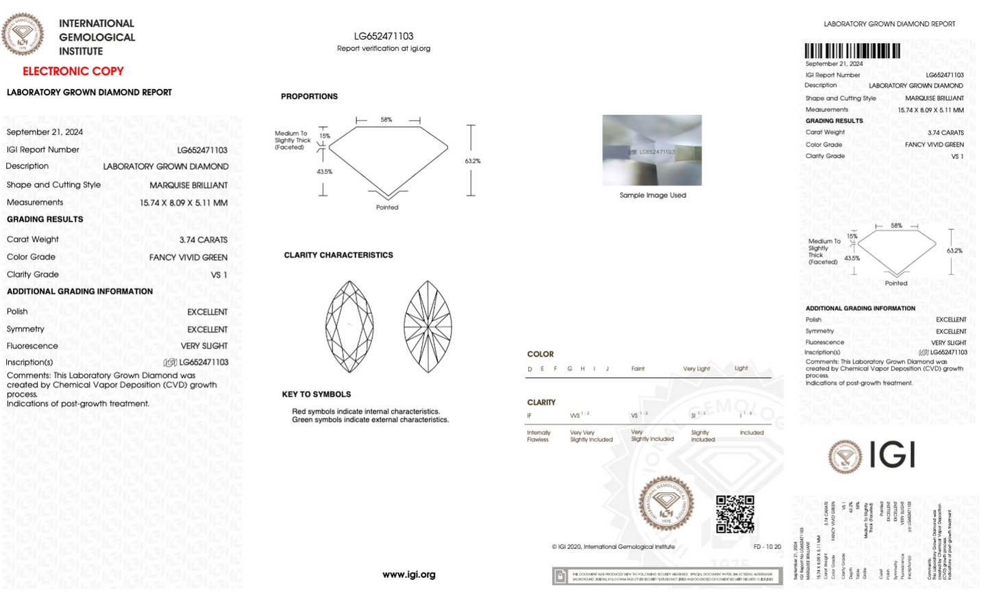 3.74 Carat Marquise Cut Fancy Green IGI Certified Lab Grown Diamond, VS1 Clarity