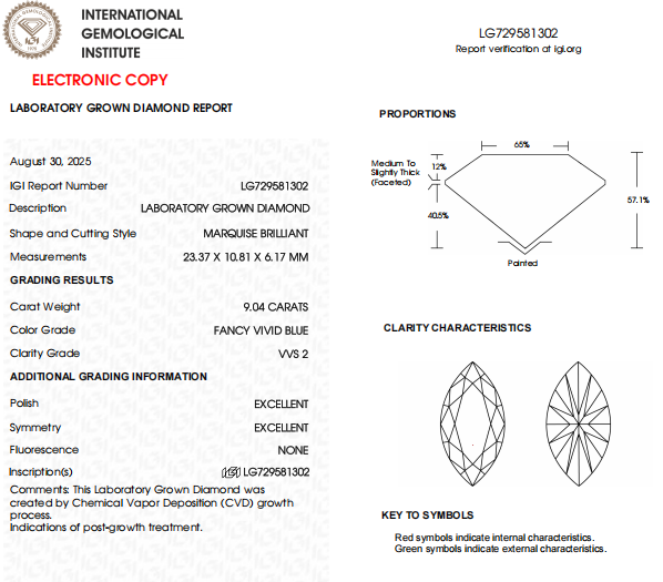VVS2 Clarity, Blue Color, 9 CT Marquise Cut Lab Grown Diamond For Custom Engagement Ring