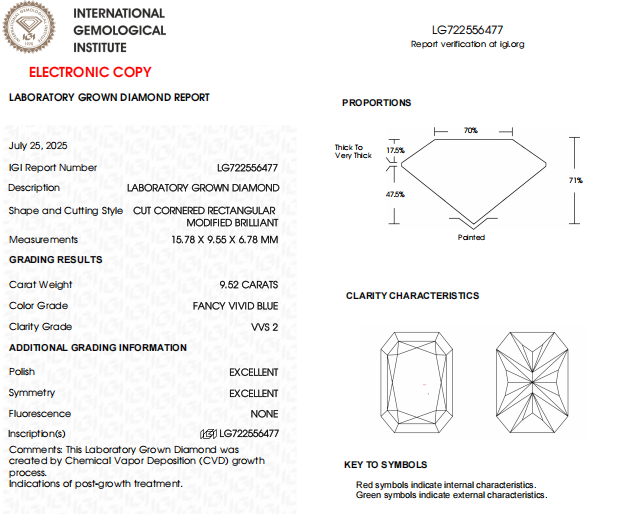 9.52 CT Radiant Cut Lab Created IGI Certified Diamond | Blue Color, VVS2 Clarity