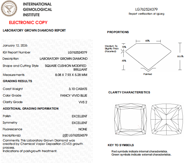 3.10 CT Cushion Cut Lab Grown Certified Diamond