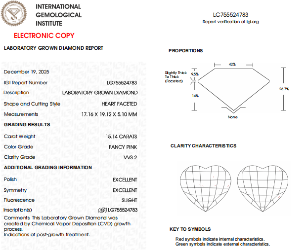Unique 15.14 CT VVS2 Clarity, Fancy Pink Heart Shape Lab Created Diamond For Pendent
