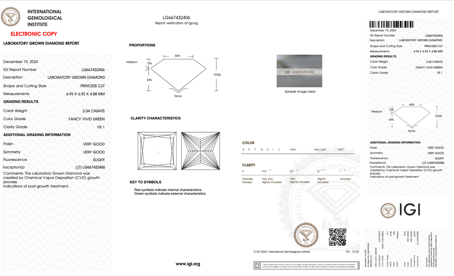 2.00 CT Princess Cut Lab Grown Diamond Green Color | IGI Certified | Lab Created Diamond for Jewelry