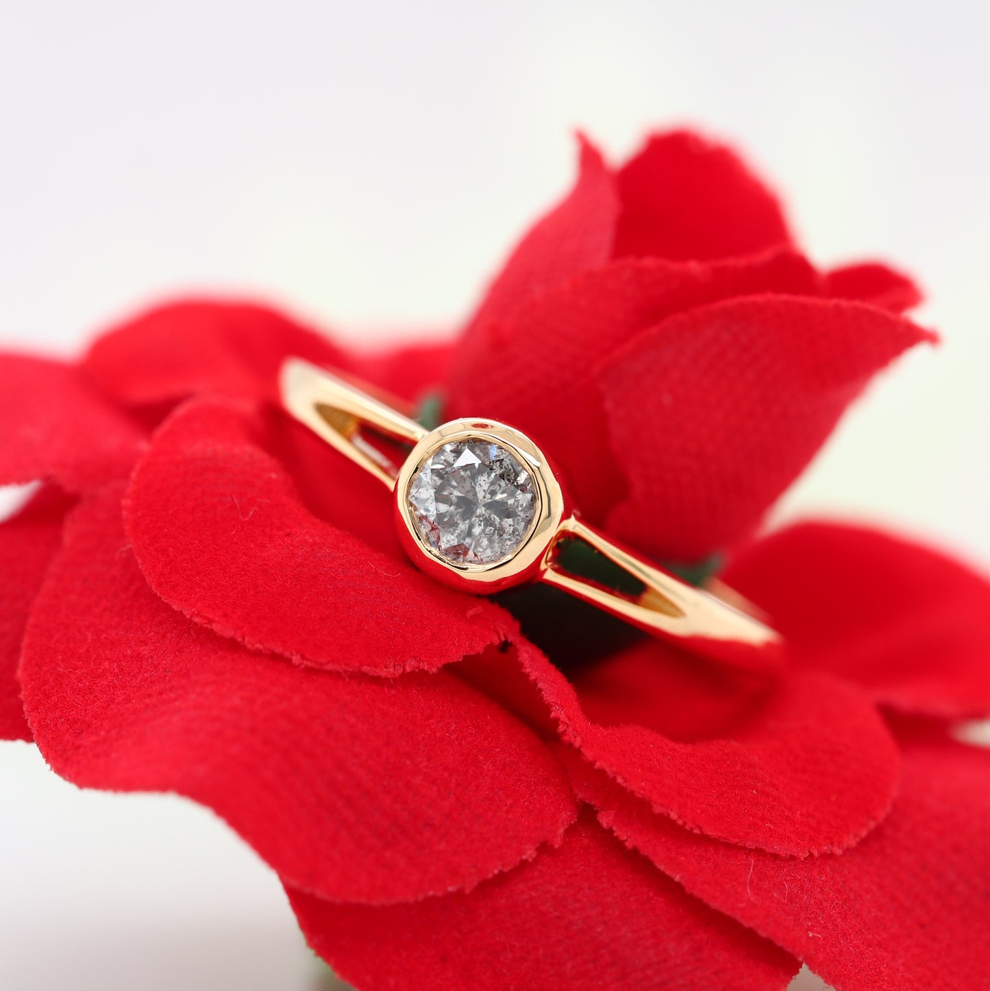 Round Bezel Salt and Pepper Diamond Solitaire Ring, Solitaire Round Grey Diamond Ring Rose Gold, Dainty Promise Ring Solitaire Bezel - JayKrishna Diamond