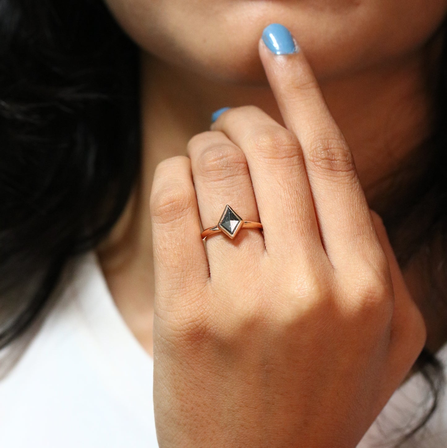 Natural Salt And Pepper 18K Rose Gold Kite Bezel Set Engagement Ring - JayKrishna Diamond