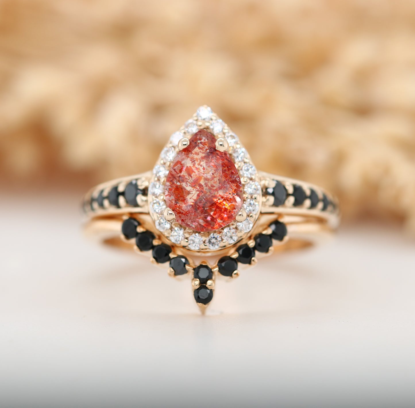 Sun Stone Halo Set Gold Ring and Band Pear Shape Red Galaxy Gemstone Engagement Ring Gift For Her - JayKrishna Diamond