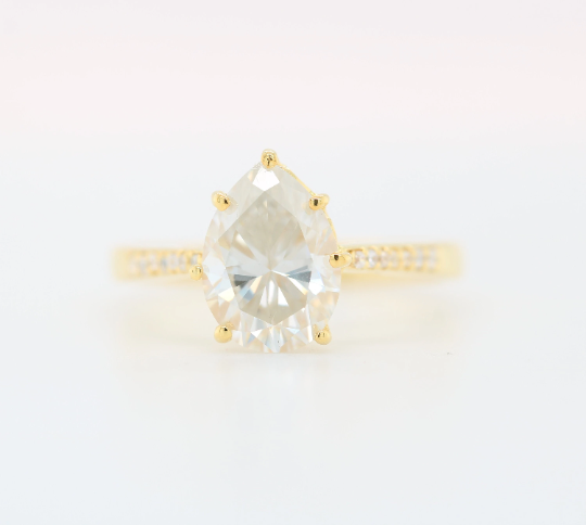 Pear moissanite Engagement Ring/ Colorless Moissanite Wedding Ring/ Moissanite Bridal Ring/ 14k Gold Freeform Shank Proposal Ring - JayKrishna Diamond