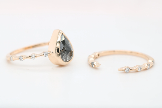 Pear Shape Salt And Pepper Diamond On 14K Yellow Gold Galaxy Diamond Engagement Ring Gift For Her - JayKrishna Diamond