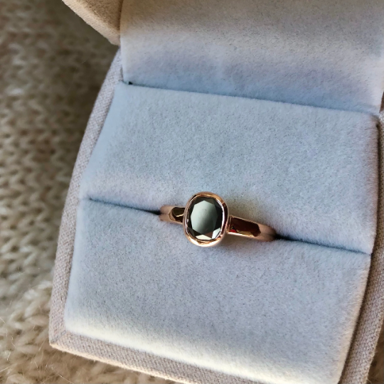 Salt And Pepper Oval Cut Diamond On Bezel Set 14K Rose Gold Galaxy Diamond Engagement Ring For Her - JayKrishna Diamond