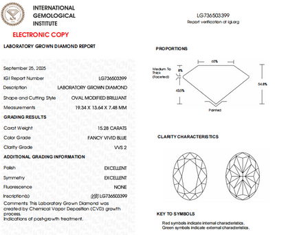 15.28 Carat VVS2 Clarity Blue Color Oval Shape Lab Grown Diamond | IGI Certified