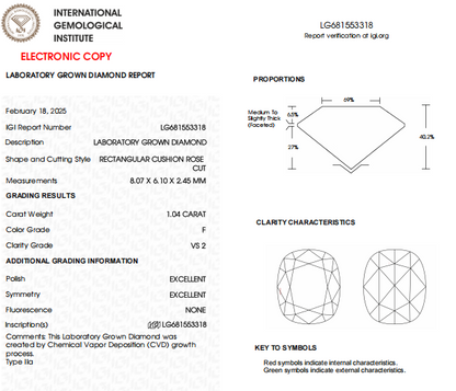 1 Carat Cushion Rose Cut Lab Created Diamond | F Color, VS2 Clarity, Certified Diamond