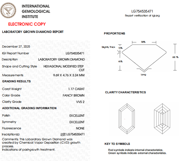 1.17 Carat Fancy Brown Hexagonal Step Cut Lab Created Diamond For Custom Jewelry