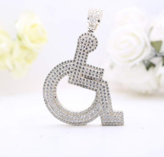 Sterling Silver Handicap Charm Wheelchair Round Diamond Pendant | Customize Jewelry | Pendant For Handicap | Hip Hop Pendant
