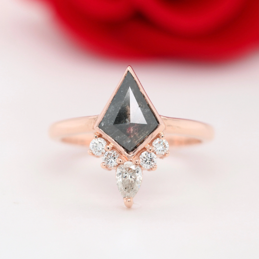 Kite cut Salt & Pepper Diamond Bezel Set with White Diamonds Crown Galaxy Diamond on 14K Gold Engagement Diamond Ring