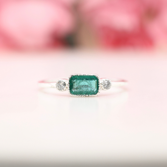 Natural Loose Emerald Shape Green Emerald Gemstone Sterling Silver Wedding Ring