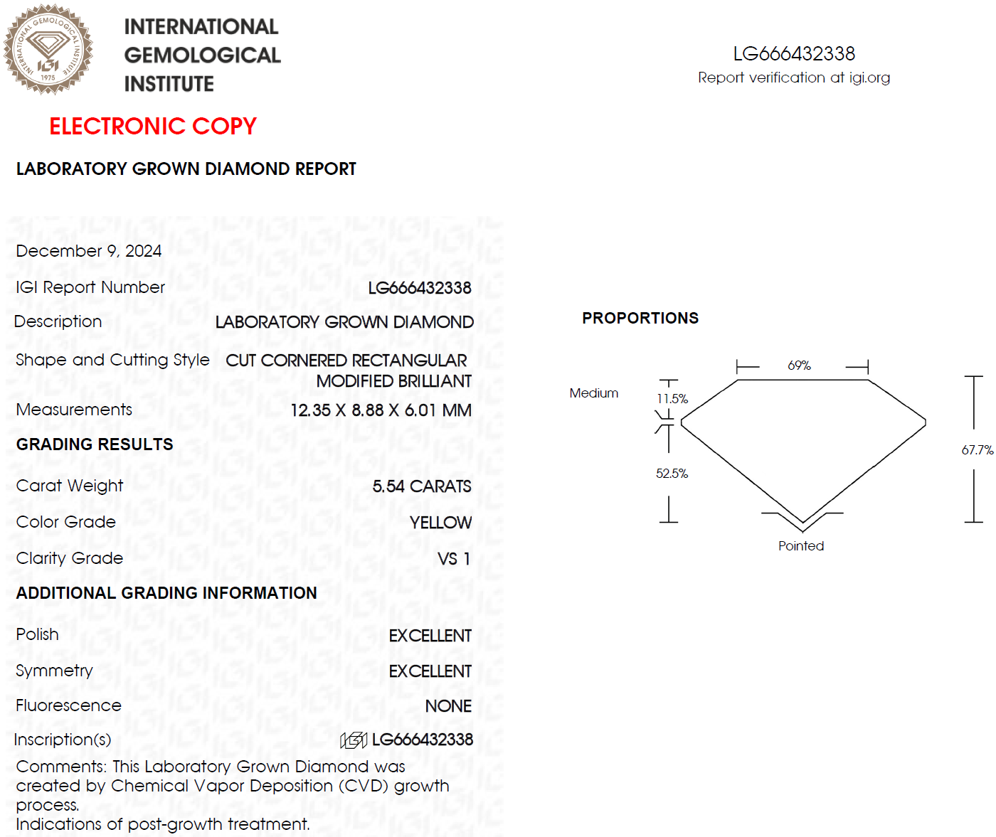 5.54 CT Yellow Radiant Cut Lab Grown Diamond for Necklace | IGI Certified | Best for Engagement Ring or Anniversary Gift | Gift for Wife