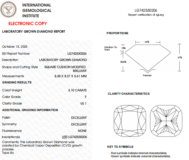 3.10 CT Square Cushion Cut Lab Grown Diamond | Fine Jewelry