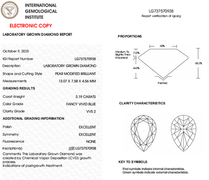 3.19 CT VVS2 Clarity Blue Color Pear Shape Lab Grown Diamond | IGI Certified
