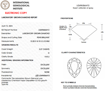 3.27 CT D-VVS2 Pear Shape Lab Grown Diamond For Pendent | IGI Certified