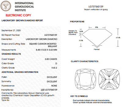 3 Carat Cushion Cut Lab Created Diamond For Engagement Ring | D Color, VVS2 Clarity