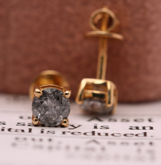 Vintage Natural Round Brilliant Cut Grey Salt and Pepper Unique Stones Diamond Prong Set Gold Minimalist Earrings