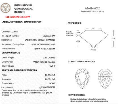 3.11ct Pear Fancy Yellow Lab Diamond IGI VVS2 Sustainable Gem