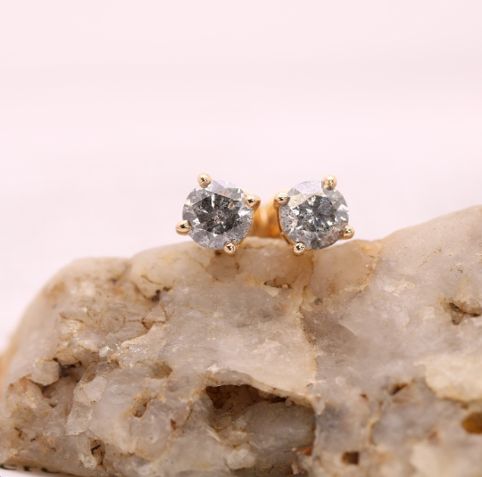 Natural Round Brilliant Cut Grey Salt and Pepper Diamond Prong Set Gold Earrings | Gift For Sister | Gift For Brother | Birthday Gift