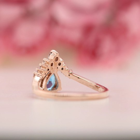 Pear Shape 8 MM Blue Aquamarine Gemstone Wedding Ring