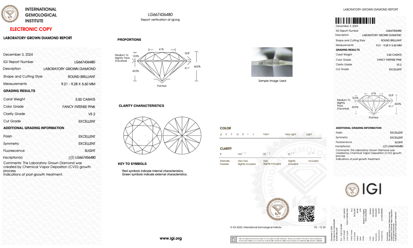 3.00 CT Round Cut Lab Grown Diamond Fancy Pink VS2 IGI Certified | Lab Created Diamond for Rings