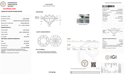 3.00 CT Round Cut Lab Grown Diamond Fancy Pink VS2 IGI Certified | Lab Created Diamond for Rings