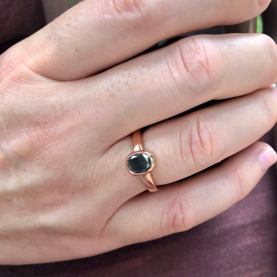 Natural Dark Oval Salt and Pepper Diamond Gold Bezel Set Diamond Engagement Ring