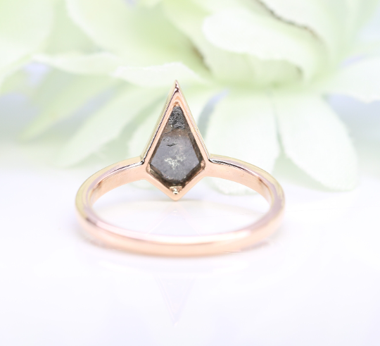 Unique Stones Kite Shape Natural Dark Grey Galaxy Diamond Bezel Set 14K Gold Engagement Diamond Ring