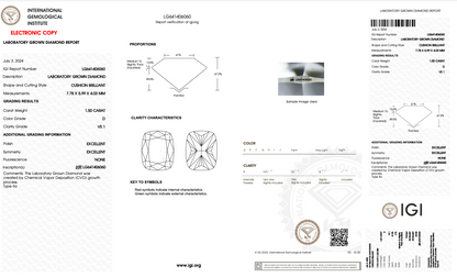 1.50 Carat Cushion Cut Lab Grown Diamond | D Color VS1 Clarity | IGI Certified Loose Stone for Engagement Rings & Fine Jewelry