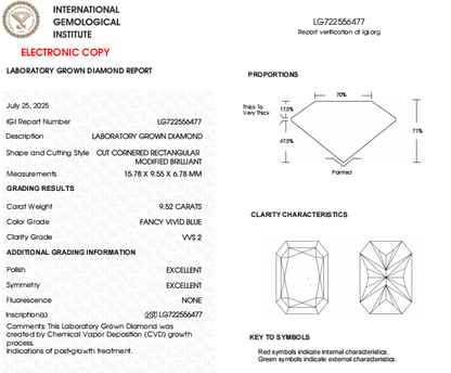 9.52 CT Radiant Cut Lab Created IGI Certified Diamond | Blue Color, VVS2 Clarity