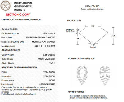 3.34 CT Pear Step Cut Lab Grown Diamond | VVS2 Clarity, Blue Color IGI Certified