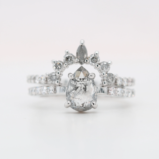 18K White Gold Salt And Pepper Pear Shape 1.00 CT Diamond On Round Brilliant Band For Engagement Ring