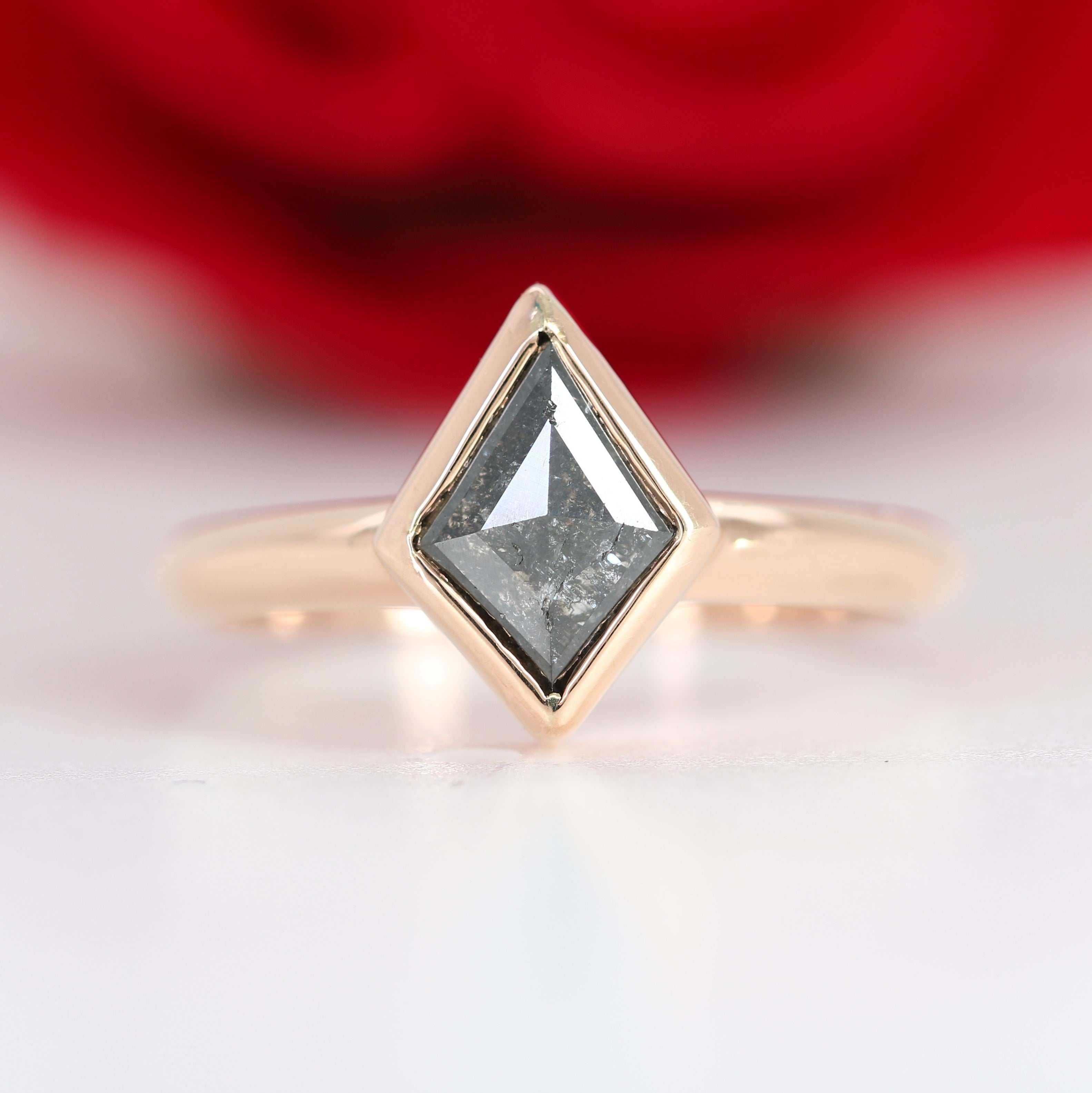 Natural Salt And Pepper 18K Rose Gold Kite Bezel Set Engagement Ring